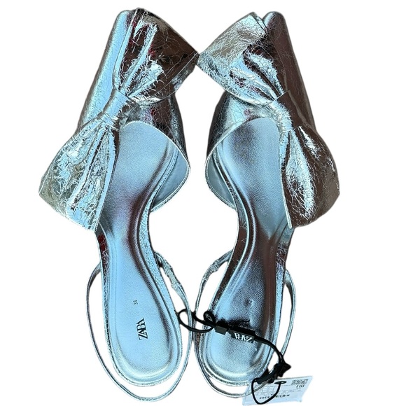 NWT Zara Silver Metallic Bow EU 38 Pointed Toe Slingback Kitten Heel - Picture 10 of 11